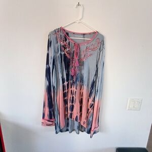 Soft Surroundings 2X Tie Dye Tunic Embroidered Tassel Boho Blouse Pink
